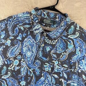 Polo Ralph Lauren Polo Shirt Mens XXL Blue Paisley Geometric All Over Print